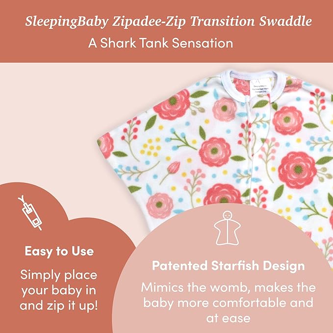 SleepingBaby Zipadee-Zip Transition Swaddle - Cozy Fleece Wearable Blanket with Two-Way Zipper for Baby Sleep - Pretty Poppy, X-Small (3-6 Month)