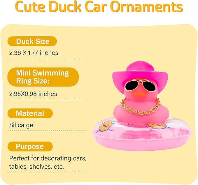 wonuu 2Pcs Car Dashboard Decorations Color Ducks, Rubber Duck for Car Ornament Accessories with Mini Hat Sunglasses Necklace and Swim Ring, A_Pink&White Duck+Pink Cowboy&White Cowboy