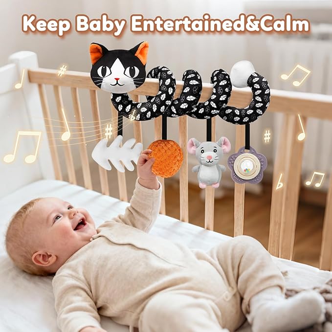 Baby Carseat Toy Black & White Rattle Spiral Hanging Activity Stroller Toy for Newborns Boys and Girls - Cat