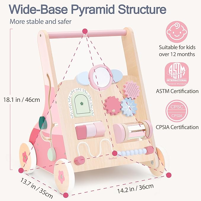 PairPear Wooden Baby Walker Push and Pull Learning Activity Walker, 8-in-1 Montessori Busy Board Push Walker Wooden Activity Center Toys for Boys and Girls 12m+ （Pink Rabbit）