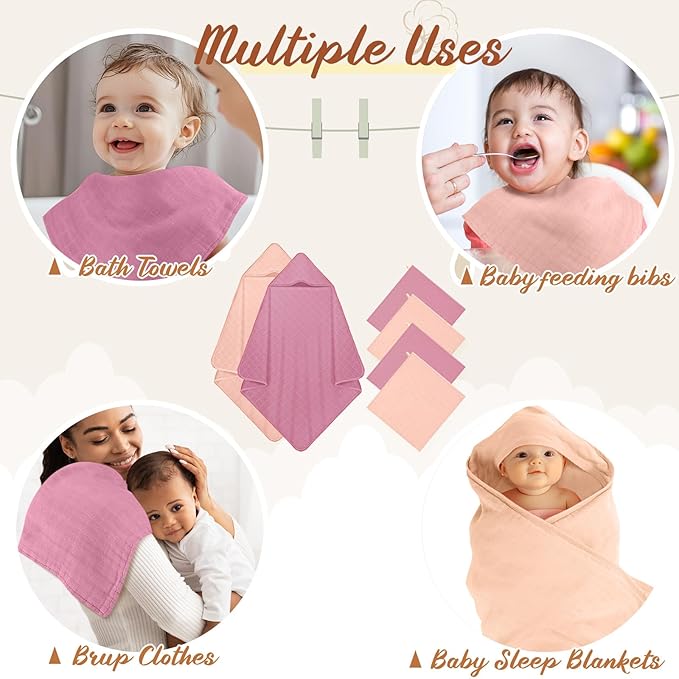 Preboun 6 Pcs Muslin Hooded Baby Towels and Washcloths 32"x 32" Cotton Newborn Bath Towel Anti-Shrink Infant Baby Blankets with Hood 12"x 12" Washcloths for Girl Boy Toddler(Pink,Dark Purple)