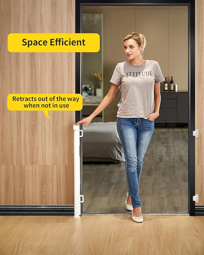 Retractable Baby Gate for Stairs – 33” Height, Expands up to 55” Width – Safety Gate for Infants, Toddlers, Dogs & Pets – Easy Install, Secure Closure, White Mesh Design for Indoor & Outdoor Use