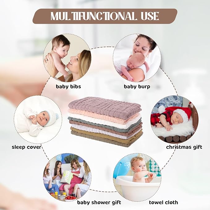 8 Packs Muslin Burp Cloths 6 Layers Unisex Baby Items Absorbent Burp Rags Colorful Muslin Washcloths for Baby Plain Soft Cotton Cloth for Babies Girls Boys, 10 x 20 Inch