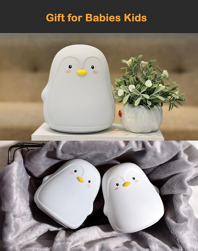 Penguin Night Light, USB Rechargeable Silicone LED Night Light for Kids, Multicolor Cute Nursery Night Lights with Warm White and 7-Color Breathing Mode,Christmas Gift for Kids Baby Children Bedrooms