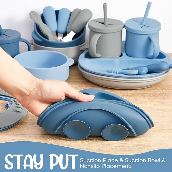 Yinder 24 Pack Silicone Baby Feeding Set Baby LED Weaning Supplies Includes Suction Divided Plates Soft Bowl Spoons Forks Adjustable Bib Snack Cup and Straws(Dark Blue, Gray Blue, Smoky Gray)