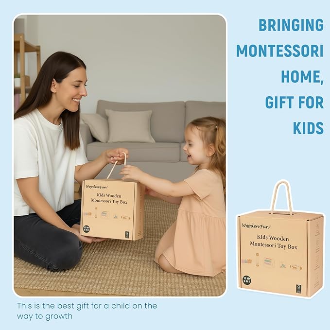 Wooden Baby Toys, 6-in-1 Newborn Learning Educational Sets Includes Mirror Spinning Drum, Rain Stick, Soft Cloth Books, Shape Sorter, Baby Roller - Christmas Birthday Gift for Boys Girls