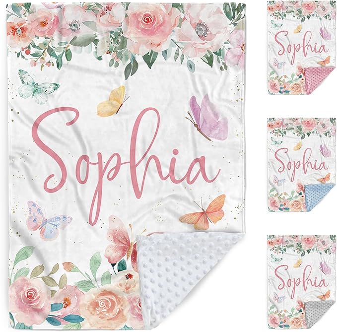 Personalized Baby Blanket for Girls, Custom Baby Blankets with Name, Soft Flannel Double Layer Receiving Swaddle Blanket, Pink Butterfly Monogram Birthday Gifts for Toddlers Infants (47"x60")