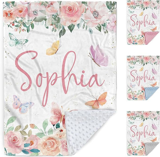 Personalized Baby Blanket for Girls, Custom Baby Blankets with Name, Soft Flannel Double Layer Receiving Swaddle Blanket, Pink Butterfly Monogram Birthday Gifts for Toddlers Infants (47"x60")