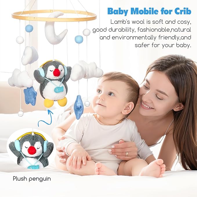 Baby Crib Mobile - Penguin Mobile for Crib, Handmade Furry Nursery for Boys and Girls, Baby Bassinet Mobile Toy - Shower Set for Infant Bedroom Hanging Decoration