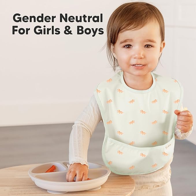 KeaBabies 3-Pack Waterproof Baby Bibs for Eating - Lightweight Toddler Feeding Bibs with Large Food Catcher, Mess Proof, Food-Grade Baby Eating Essentials, Easy to Put On & Clean (Toy Land)