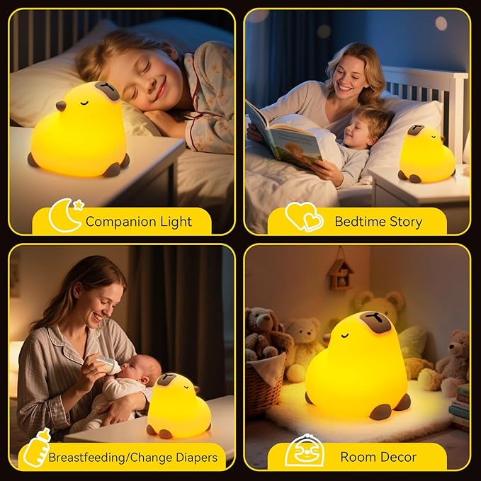 Cute Capybara Night Light for Kids, 3-Level Dimmable Nursery Nightlight, Silicone Squishy Light Up Gifts, Rechargeable Bedside Touch Lamp for Breastfeeding Toddler Baby Kids Decor