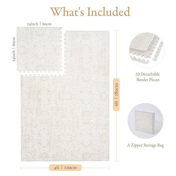 PopsyKosy Premium Exercise & Baby Foam Play Mats - Stylish & Large Non-Toxic Odorless Floor Mat - 6 Tiles - Spacious 6ft x 4ft - Peel-Resistant Reinforced - Soft Thick, Waterproof - Pearl Beige