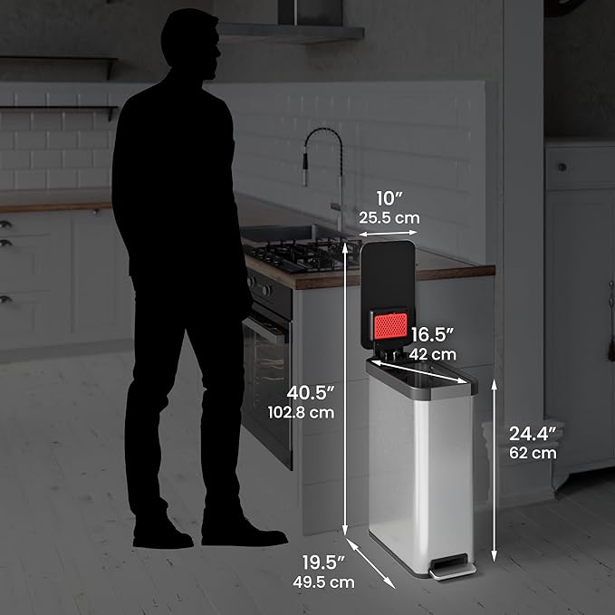 iTouchless SoftStep EXP 50 Liter / 13.2 Gallon Slim Step Pedal Kitchen Trash Can with Odor Filter, Soft Close Lid, Stainless Steel Recycling Bin, Dent-Proof Plastic Lid, for Home Office Work Business