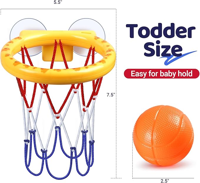 Bath Toys, Bathtub Basketball Hoop for Toddler Kids - 5 Soft No-Hole Balls, Yellow Duck Cartoon Style with Strong Suction Cups, Baby Shower Toy Set for Boys & Girls, Gift-Ready