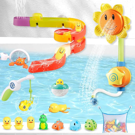 Bath Toys for Kids Ages 3-5, Bathtub Toy with Slide Track and Shower Head, Fishing Floating Toy with No Hole Dinosaur, Bathtub Toys for Kids Ages 4-8