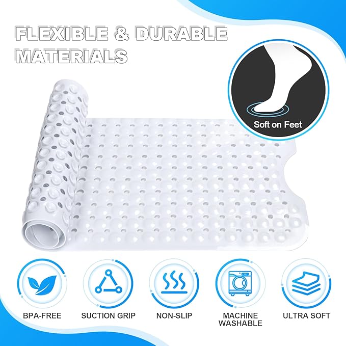 Linoows Bathtub and Shower Mats, 40x16 Inch Extra Large Non Slip Soft Bath Tub Mat with Suction Cups and Drain Holes for Bathroom Floor and Keep Tubs Clean, Machine Washable, White