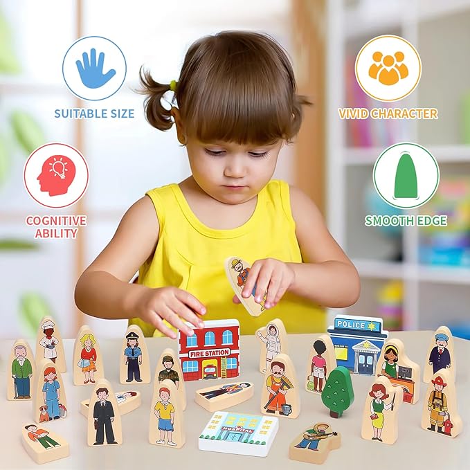 Atoylink 36Pcs Wooden Community Helpers Pretend Play Toys for Kids 3 4 5 6 Year Old, Wooden People Figures Blocks Occupations Dress up Toddlers Preschool Learning Toys Boys Girls Birthday Gifts