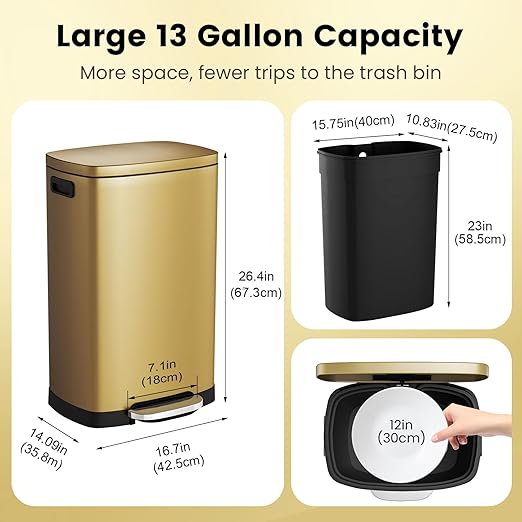 ELPHECO Kitchen Trash Can with Lid Soft Close, 13 Gallon / 50L Stainless Steel Pedal Garbage Can, Heavy-Duty Step Wastebasket with 20 Bags, Removable Bucket, Home Office, Kitchen, Titanium Gold