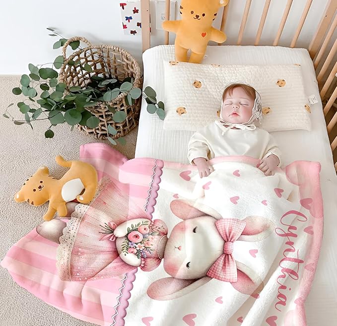 Personalized Baby Blanket for Girls, Custom Baby Blanket with Name, Soft Cozy Personalized Name Blankets for Kids, Customized Rabbit Blankets for Infant Toddler Birthday Christmas