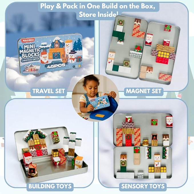 45PCS Mini Magnetic Blocks Christmas Set – Holiday STEM Building Cubes for Kids, Educational Travel Magnet Toy with Iron Box, Creative & Safe Gift for Boys & Girls Ages 3–8