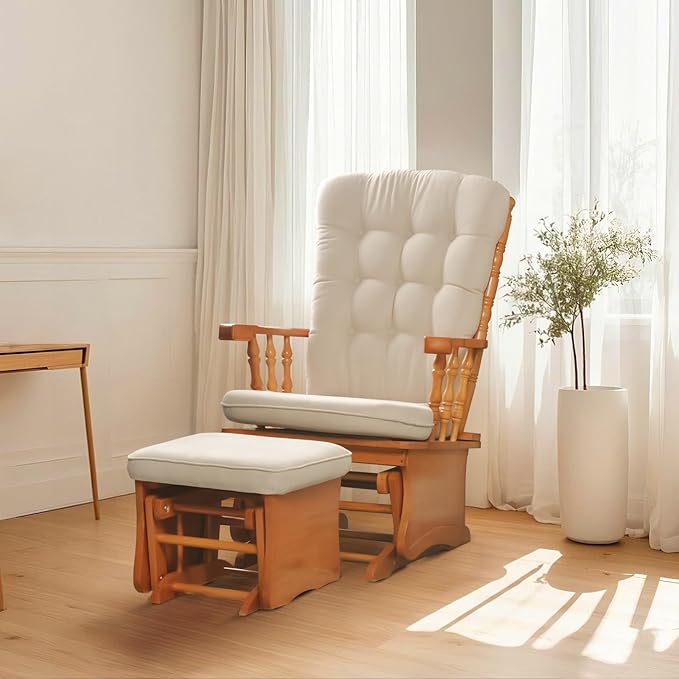 Solid Wood Anti-Pinching Rocking Glider Chair with Ottoman Cushion Set, Nursery Rocking Chair for Living Room Bedroom Reading Room, Honey