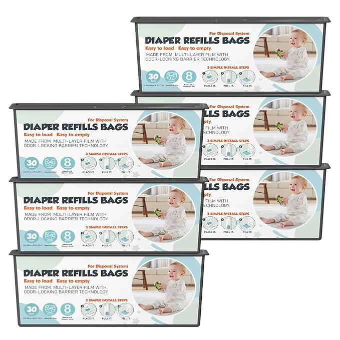 Diaper Pail Refills Bags with 30 Bags Compatible with Genie Easy Roll Signature and Platinum Diaper Pails, 7-Layer Odor-Barrier Technology, 6 Pack (180 Bag)