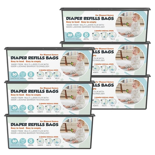 Diaper Pail Refills Bags with 30 Bags Compatible with Genie Easy Roll Signature and Platinum Diaper Pails, 7-Layer Odor-Barrier Technology, 6 Pack (180 Bag)