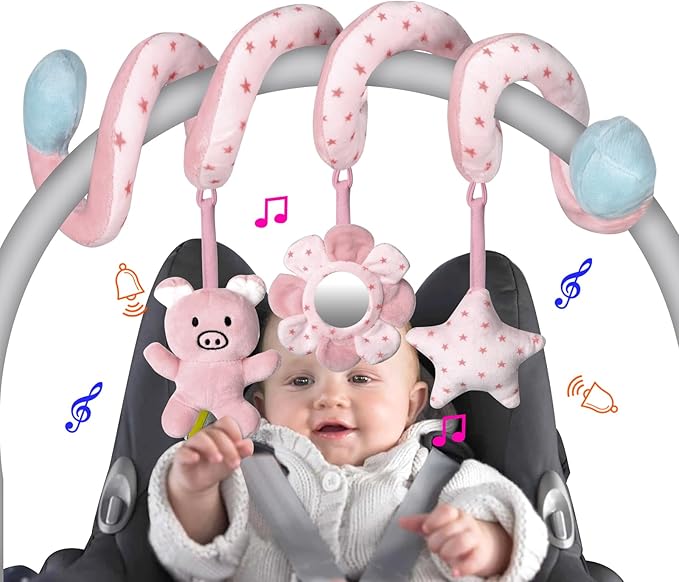 Car Seat Toys, Infant Baby Pink Pig Spiral Activity Hanging Toys Stroller Toys for Car Seat Stroller Bar Crib Bassinet Mobile with Mirror BB Squeaker and Rattles