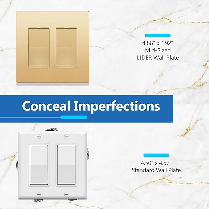 LIDER Matte Finish Decorator Switch Cover, Screwless Wall Plate, Mid-Size 2-Gang 4.88" x 4.92", Unbreakable Polycarbonate Thermoplastic, UL Listed, LSWP-32M-GD, Gold