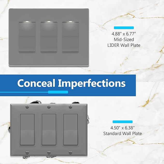 LIDER Matte Finish Decorator Switch Cover, Screwless Wall Plate, Mid-Size 3-Gang 4.88" x 6.77", Unbreakable Polycarbonate Thermoplastic, UL Listed, LSWP-33M-GY, Gray