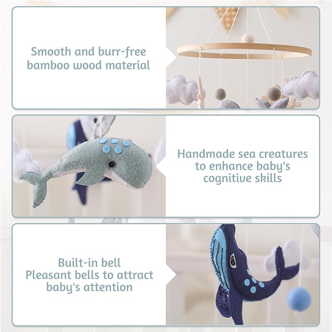 Montessori Baby Mobile for Crib Ocean Animals Crib Mobile Woodland Nursery Decor Soothe Toys for Ceiling Hanging Felt Ball Sea Blue Whale, White Clouds Baby Shower for Boys Girls Gifts