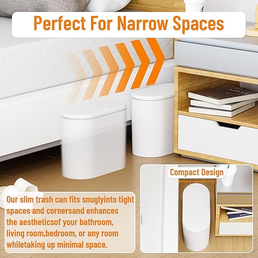 Yieach White 12L Pet/Dog Proof Bathroom Trash Can with Lid,3.17 Gallon Slim Trashcan and Skinny Small Covered Trash Can for Kitchen,Office,RV,Bedroom and Dorm,Plastic Covered Wastebasket,Garbage Can