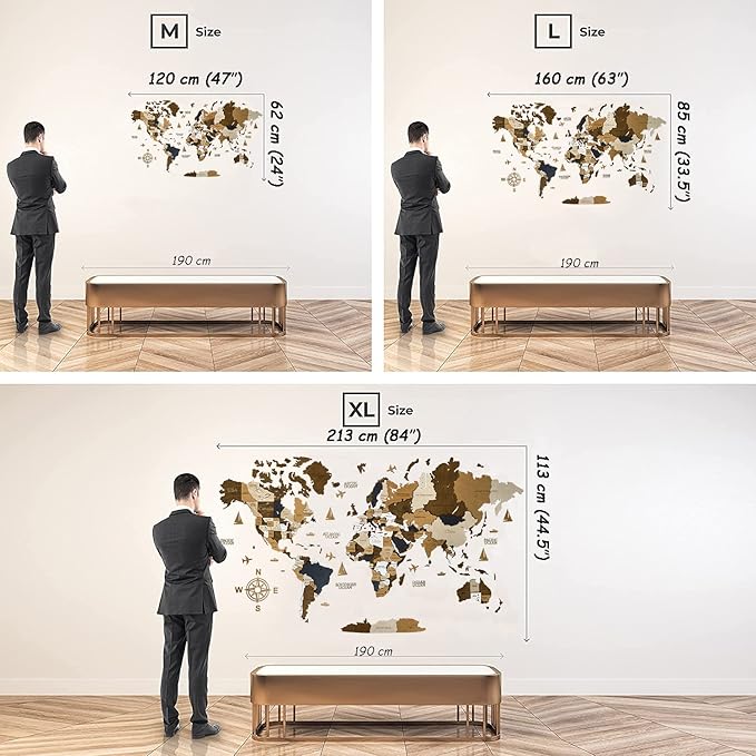 Wooden World Map 3D Art Large Wall Decor - Size (M & L & XL) Any Occasion Gift Idea - Wall Art For Home & Kitchen or Office (COFFEE, 83,86" x 44,49")