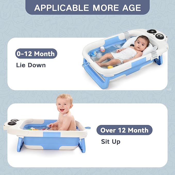 Collapsible Baby Bathtub for Newborn, Baby Bath Tub with Thermometer & Soft Floating Cushion & Drain Hole for Infant to Toddler, Portable Travel Bathtub with No-Slip Feet for 0-36 Months-Blue