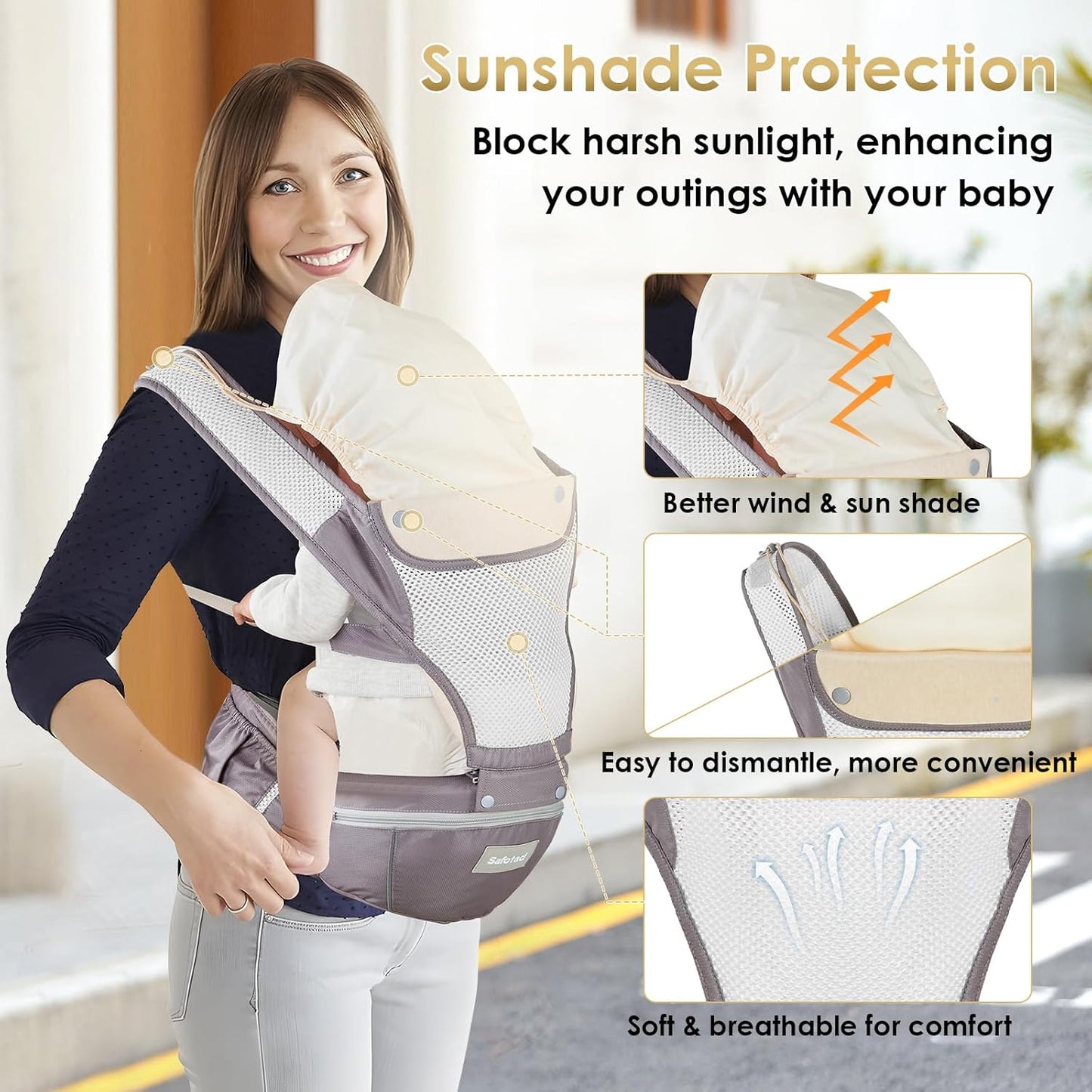 Baby Carrier Newborn to Toddler, Lightweight Ergonomic Baby Hip Seat Carrier Up to 33lbs, Adjustable Extended Waistband Infant Carrier with Breathable Sunshield, Light Grey