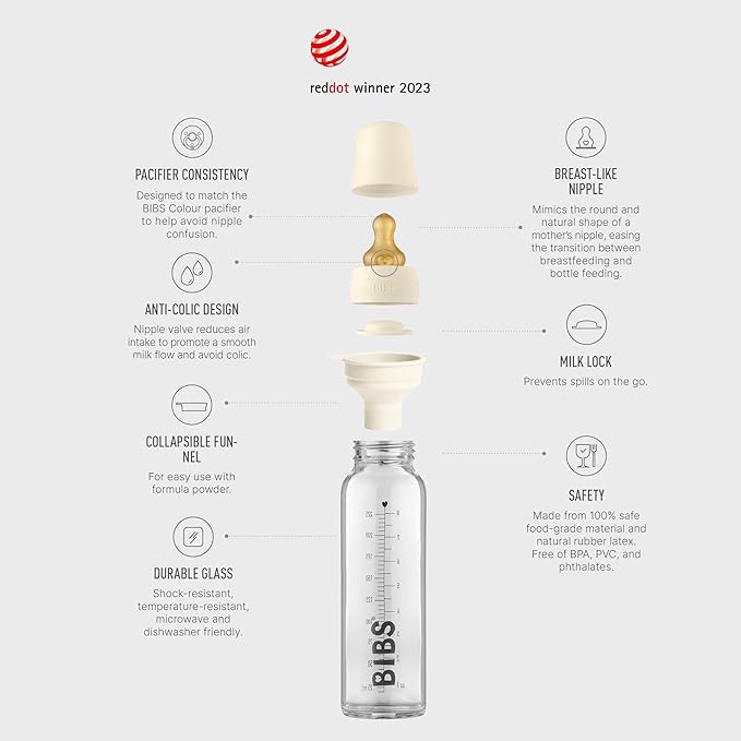 Bibs Baby Glass Bottle Starter Kit 4 Bottles, 3.7 oz & 7.6 oz | Anti-Colic Design, Vented Nipple, Breast-Like Transition | Lab-Grade Borosilicate Glass | Ivory