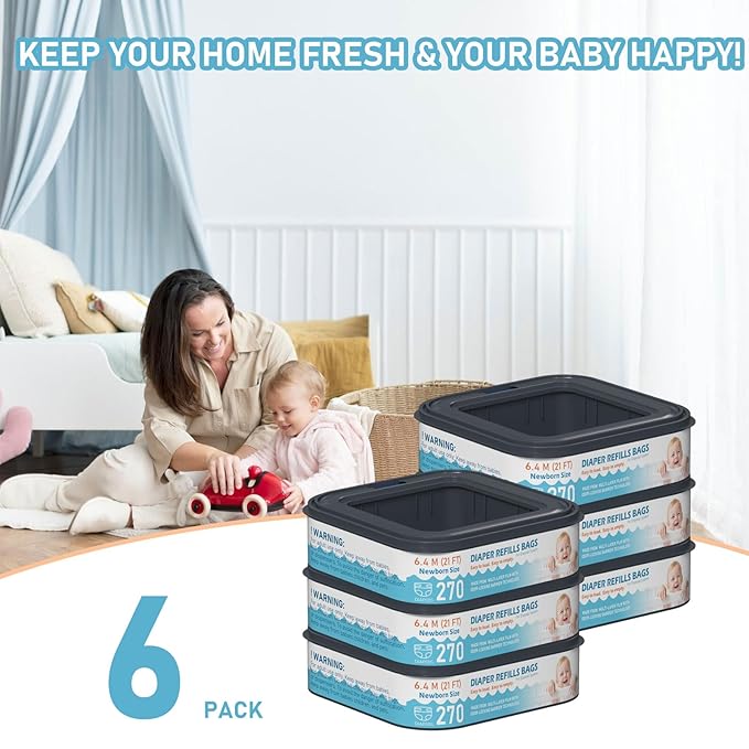 Standard Square Refills Disposal Bags Refill Compatible with Diaper Genie Classic, Compact and Select Pails, Hold Up to 270 Newborn-Sized Diapers Per Refill, Pack of 6