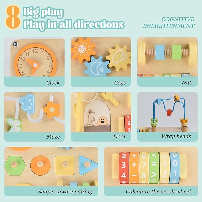 Activity Table for 1+ Year Old, 8-in-1 Wooden Montessori Activity Center Table with Shape Sorter Math Game Bead Maze, Baby Sensory Toy Learning Toys for Toddler First Birthday Gift