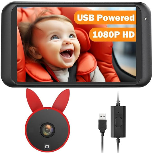 Babyvue BV2 Baby Car Camera, 4.5'' HD 1080P USB Rear-Facing Mirror, IR Night Vision, 360° Adjustable, Plug & Play Backup Monitor for Child & Pet Safety