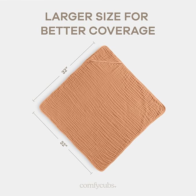 Comfy Cubs Baby Hooded 9 Layer Muslin Cotton Towel for Kids, Large 32” x 32”, Ultra Soft, Warm, and Absorbent. Baby Essentials Bath Towels, Cute Unisex Cover for Girls and Boys (Pack of 1, Caramel)