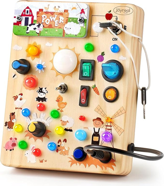 Joyreal Montessori Busy Board Wooden Sensory Toys for Toddler with LED Light Up Switch, Baby Fidget Board Travel Toys for 18+ Months, 1 2 3 Year Old Boys Girls Toddler Toy Gifts (Farm)