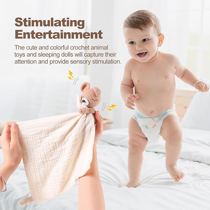 Baby Animal Plush Toy with Rattle, Baby Crochet Teddy Bear Security Blanket, Soothing Toy, Gift for Boys and Girls 12 in