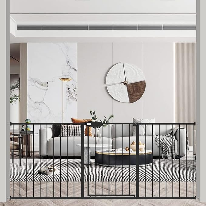 WAOWAO Triple Lock Baby Gate Extra Wide 86.22-90.55" Pressure Mounted Walk Through Swing Auto Close Safety Black Metal Dog Pet Puppy Cat for Stairs,Doorways,Kitchen
