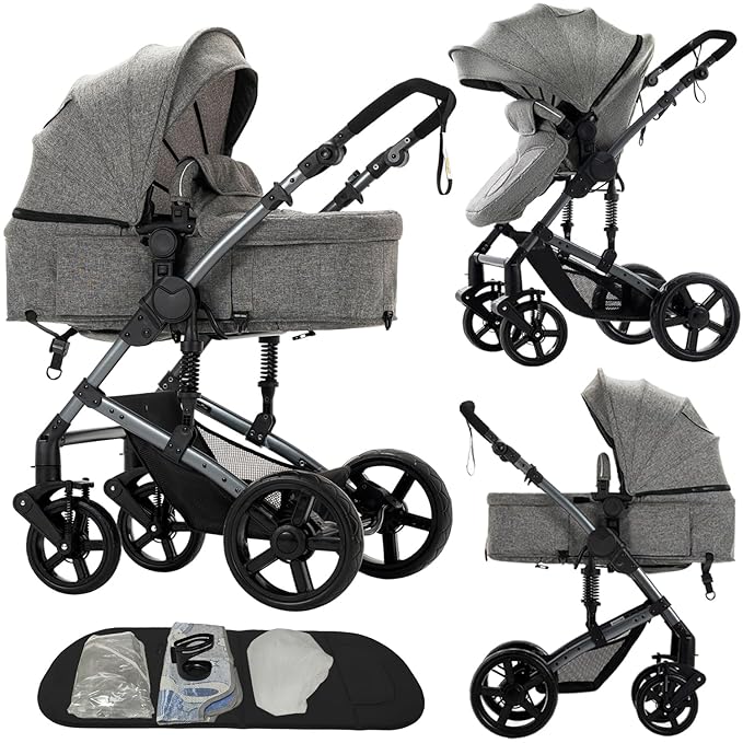 2 in 1 Baby Stroller, Convertible Reversible Infant Stroller with One-Click Folding, Newborn Toddler Travel Stroller Standard Carriage Pram (2US588-GREY)