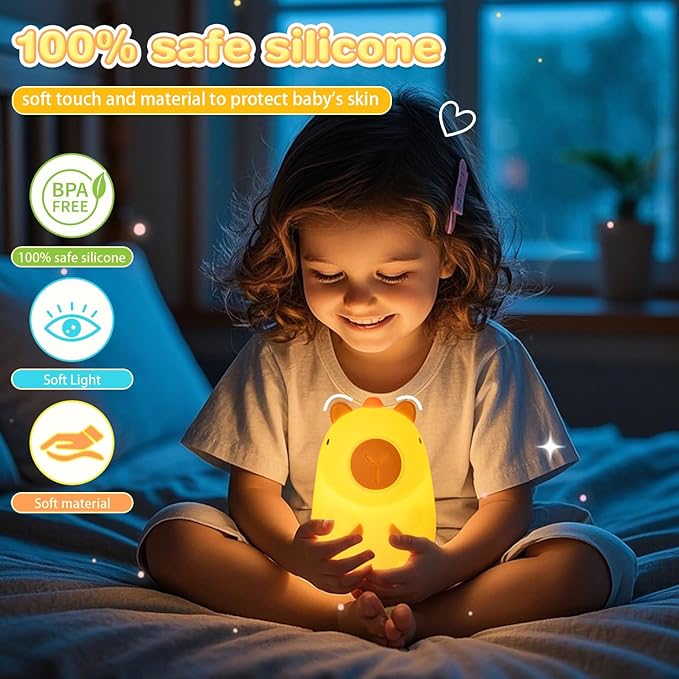 Night Light for Kids, Rechargeable Dimmable Silicone LED Nightlight with 7 Colors, Baby Nursery Night Lamp, Touch Squishy Lamp, Cute Gifts for Girls, Boys, Toddler Room Decor, Capybara