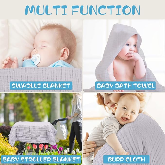 Baby Towels Muslin Baby Bath Towel 3Pack Infant Towels for Newborn Boy Girl 6 Layers Ultra Soft Cotton Toddler Towel for Baby's Delicate Skin 40x 40 Inch (Grey)
