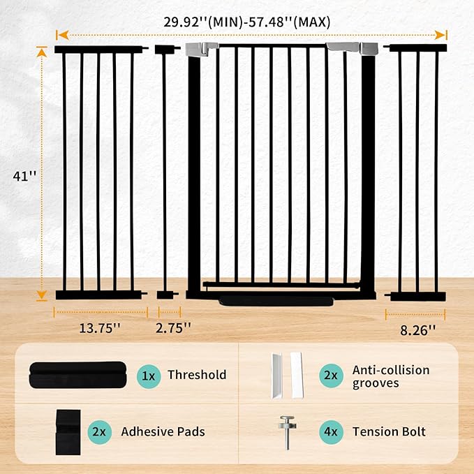 41 Inch Tall Baby Gate Auto Close Dog Gate Adjustable 29.92"-57.48" Wide Pressure Mounted Walk Through Swing Pet Gate for Doorways (Black, 29.92"-57.48" Wide)