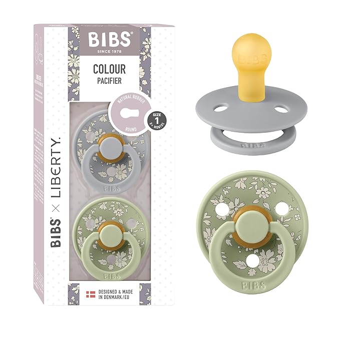 BIBS Colour Liberty Soother 2-Pack, BPA Free Dummy Pacifier, Round Nipple. Natural Rubber Latex, Made in Denmark, Size 1 (0-6 Months), Capel Sage