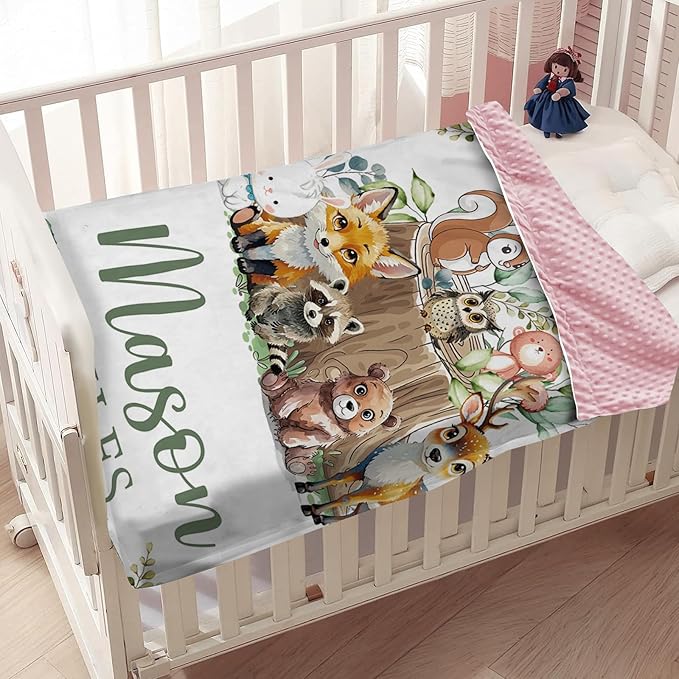 Custom Baby Blanket with Name, Customized Blanket for Newborn Boys Girls, Forest Animals Flannel Double Layer Dotted Backing Receiving Swaddle, Cute Keepsake Gifts for New Parents(30"x40")