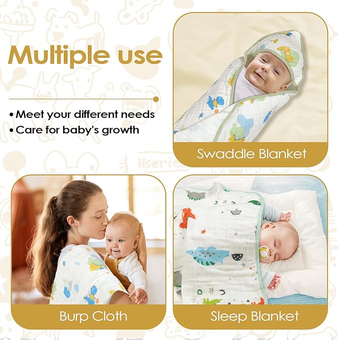 Baby Bath Towels 100% Muslin Cotton Hooded Baby Towels 2 Pack Shower Gifts for Newborn, Infant, Toddler, Kids,Super Soft and Absorbent, Large 35x35Inches